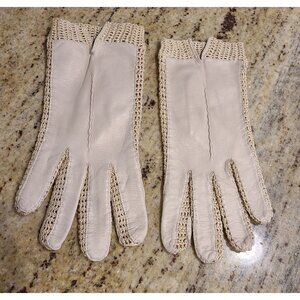 Vintage Plus Size XL Beige Soft Leather Crochet 9" Gloves Fairy Preppy Nautical